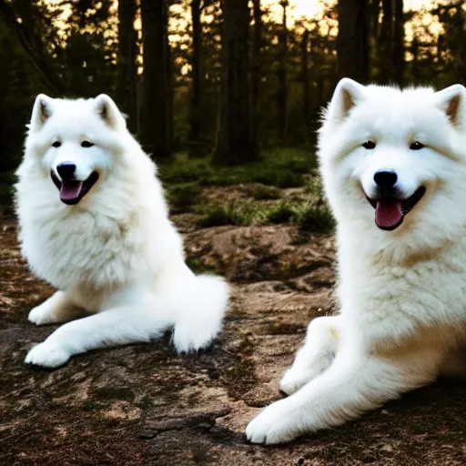 Image similar to samoyed camping, cinematic lighting,