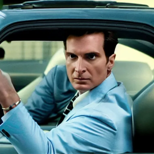 Prompt: still of Patrick Bateman driving a car in Drive (2011)