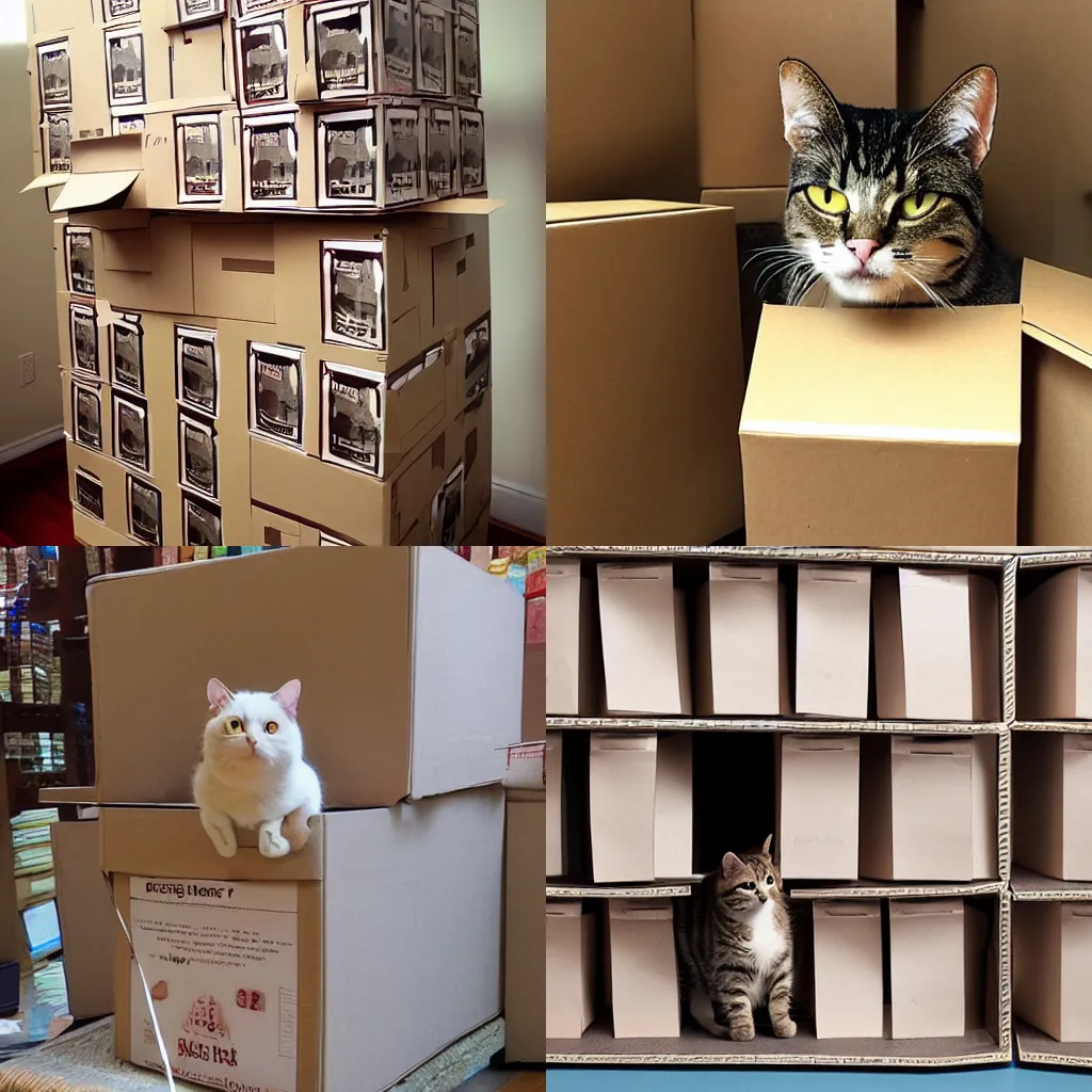 Prompt: cat in a castle made of cardboxes