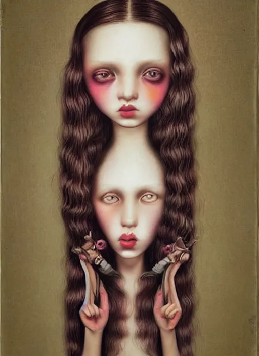 Image similar to pop surrealism, hyper realism, muted colors seductive female venus, cute girl, long hair, art by mark ryden, trevor brown