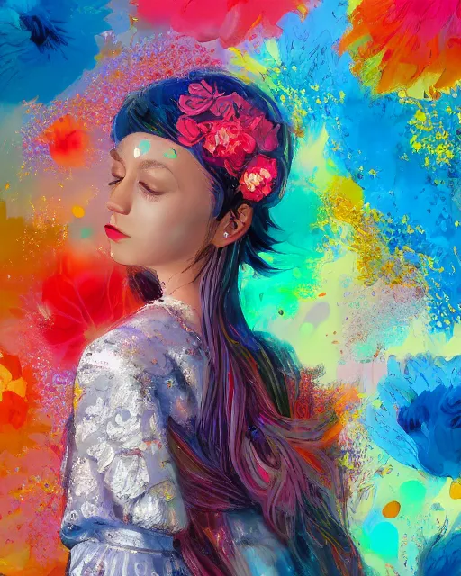 Image similar to portrait of Ewa Reis , colorful clothes, bright colors, silver filigrees, flowers, brushwork, Golden embers flying,vivid color.digital 2D, painterly style, cinematic matte Illustration,trending on pixiv and artstation.Fantastic depth-of-field effect in Bacnground,by Wlop,Mika Pikazo，Yoneyama Mai，Makoto Shinkai, VOFAN