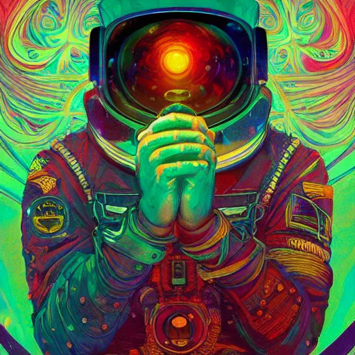 Image similar to An extremely psychedelic experience, colorful, surreal, dramatic lighting, cosmonaut, LSD, face, detailed, intricate, elegant, highly detailed, digital painting, artstation, concept art, smooth, sharp focus, illustration, art by Sam Spratt, Dan Mumford, Artem Demura and Alphonse Mucha