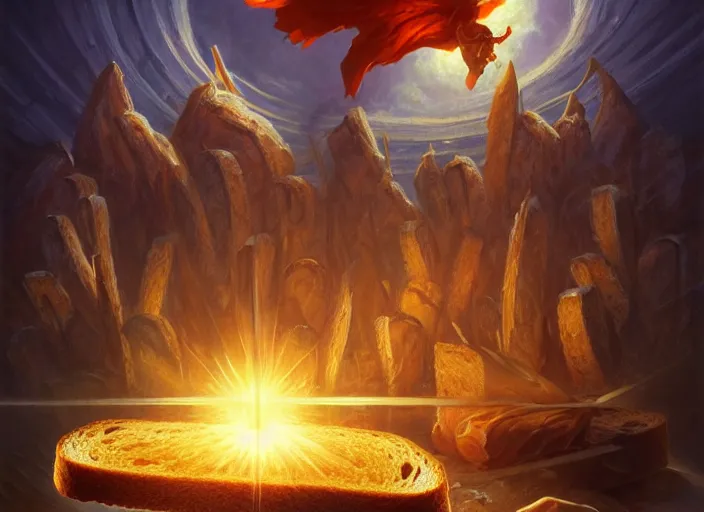 Prompt: loaves of bread bowing before a holy radiating piece of toast floating in the air, by marco bucci and frank frazetta, magic : the gathering fantasy concept art, high resolution, fantasy coloring, intricate, digital painting, artstation, smooth, sharp focus