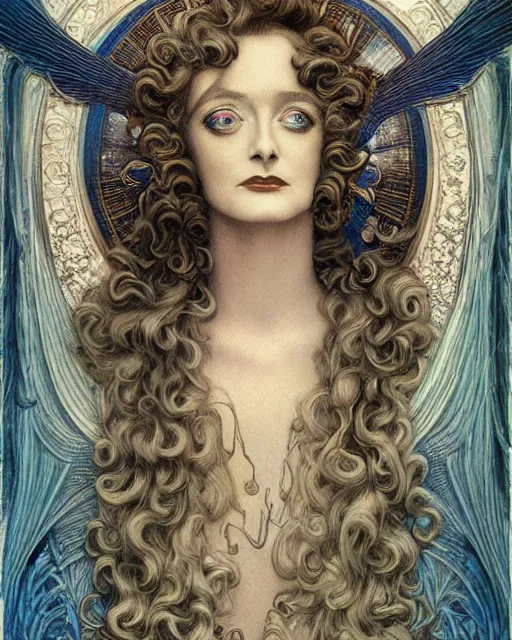 Image similar to in the style of beautiful bette davis, steampunk, detailed and intricate by jean delville, gustave dore and marco mazzoni, art nouveau, symbolist, visionary, gothic, pre - raphaelite colorful