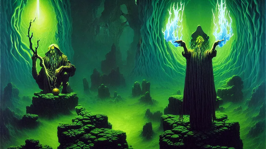 Prompt: the arcane artificer by albert bierstadt and gerald brom and dan mumford and zdzisław beksinski, floating metallic objects, blue flames, low light, glowing green crystals