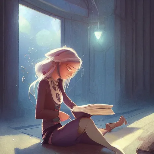 Image similar to a pixar girl reading a book, long hair flowing down, symmetrical, style of by Jordan Grimmer and greg rutkowski, crisp lines and color,