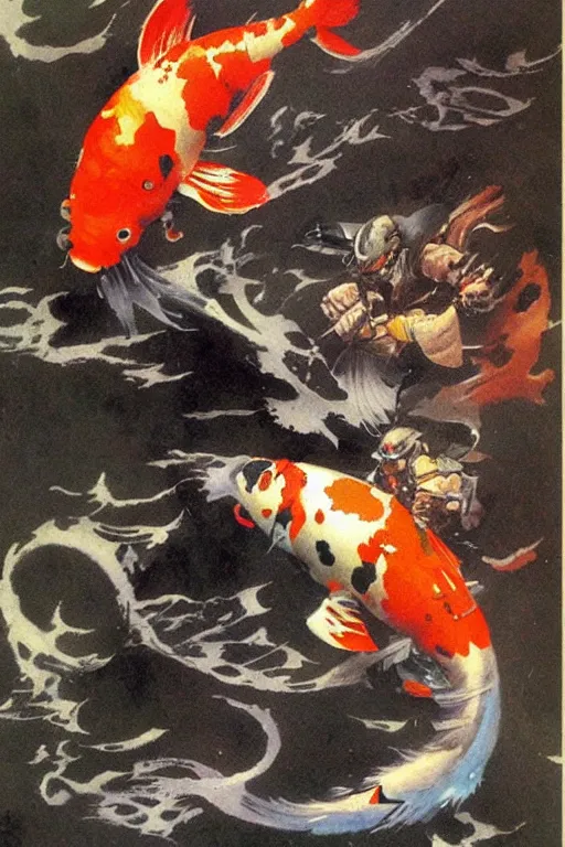 Image similar to a koi fish!!!! fighter robot by Frank Frazetta