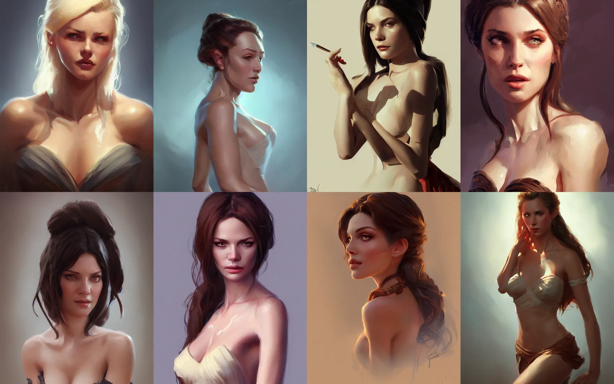 Prompt: very attractive portrait of hollywood actress in dress cloth, torso portrait, digital painting, highly detailed, artstation, sharp focus, illustration, concept art, hd elegant, matte painting, illustration, hearthstone, by greg rutkowski, by greg tocchini, by james gilleard, by joe fenton, dynamic lighting