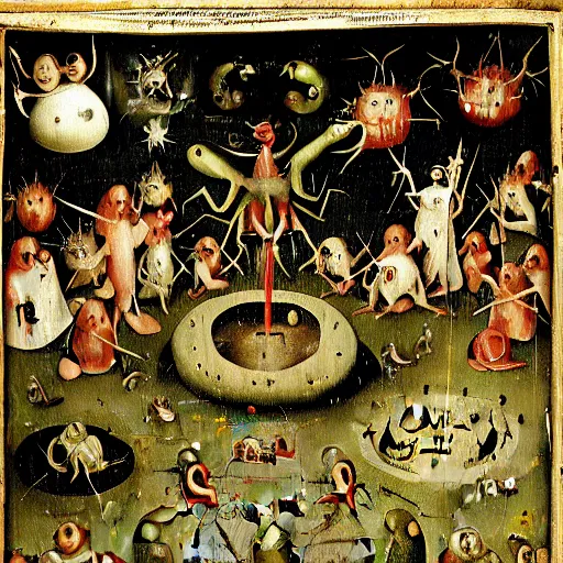 Image similar to a frog dunking over demons boiling a sinner in the garden of earthly delights, hieronymus bosch