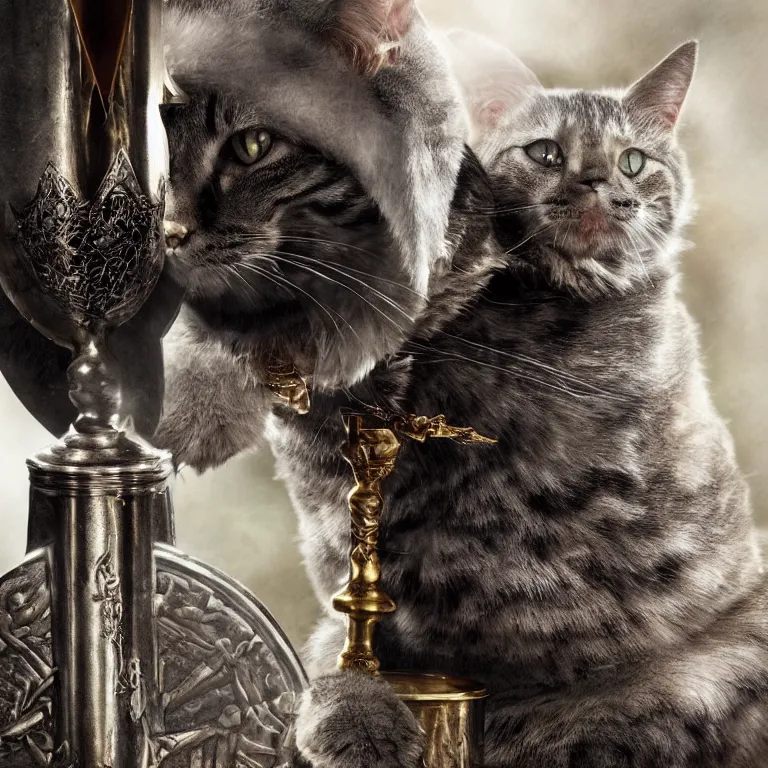 Image similar to an amazing award winning photo of a cat as knight templar protecting the holy grail, very detailed and sharp, 4k hdr, cinematic masterpiece