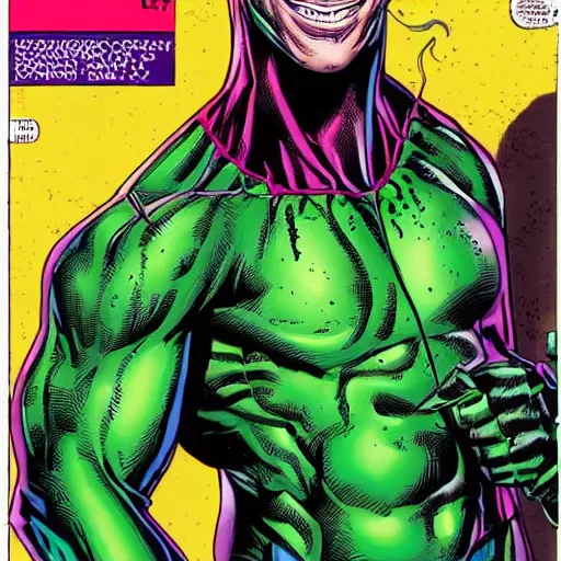 Prompt: Mark Zuckerberg as the Green Goblin in 1990s comic cover illustration, bust