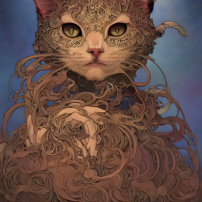 Image similar to A portrait of A cat with many eyes by Ross Tran!!! and alphonse mucha and greg rutkowski! and gustav doré! and Zdzisław Beksiński!,In style of digital art illustration.Symmetry.Highly detailed face.Fantasy,smooth,hyper detailed,sharp focus,Soft light.trending on artstation.4k