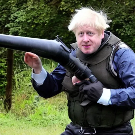 Prompt: Boris Johnson playing paintball, he is losing