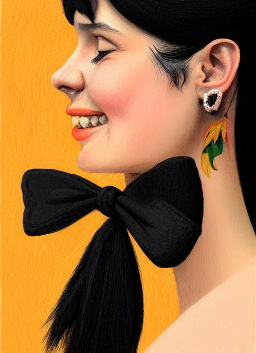 Prompt: portrait of high school girl, realistic, black hair, bangs, half updo hairstyle, pointy nose, skinny, smile, ugly, defined jawline, big chin, orange hair bow, earrings, intricate, elegant, riverdale, highly detailed, digital painting, artstation, sharp focus, illustration, art by wlop, mars ravelo and greg rutkowski