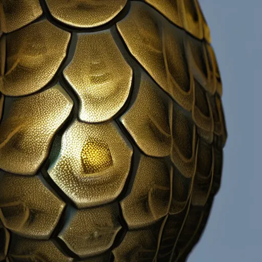 Image similar to translucent metallic dragon scale egg, photorealistic, symmetrical, unreal engine, beautiful scales in background