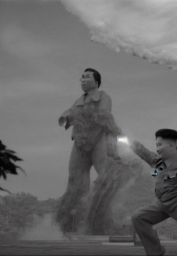 Image similar to Pulgasari the North Korean monster, volumetric lighting, filmstill, produced by Kim Jong-il, Kodachrome, kaiju-eiga, starfish monster movie, communist propaganda, film noir, 35mm film grain, Cooke Varotal 20-100mm T3.1, monochrome, in the style of Ishirō Honda and Akira Kurosawa