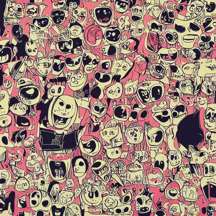 Image similar to risograph of two retro cartoon character faces by gary baseman and gavin mccarthy