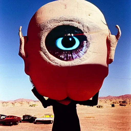 Image similar to woman with an inflatable head and giant eyeballs, in the desert 1972 Jodorowsky film, archival footage, technicolor film expired film live-action, 16mm