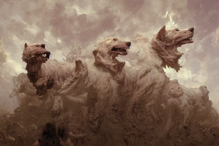Image similar to hyperdetailed matte art of cerberus by ilya repin, amano, rene magritte, craig mullins