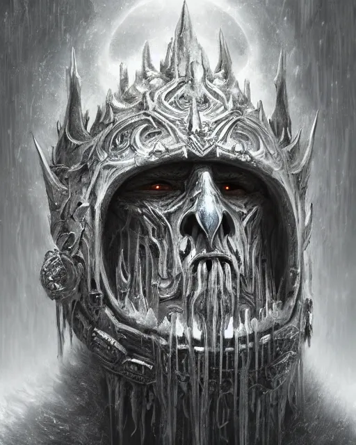 Image similar to a highly detailed character portrait of the Lich King, intricate, digital painting, artstation, intricate, concept art, smooth, sharp focus, illustration, art by Zdzislaw Beksinski