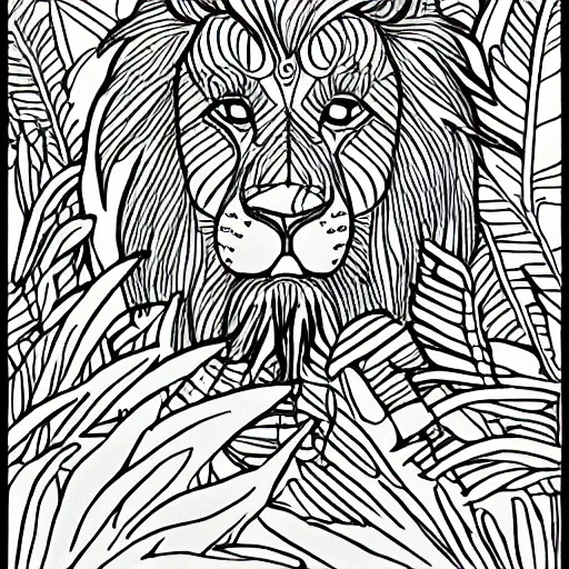 Prompt: Once upon a time there was a jungle where a lion appears in the middle of an esplanade, drawing sheet for coloring, thick black line, well defined, simple drawing