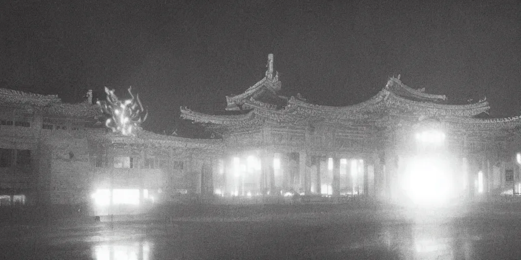 Image similar to light coming out of one bull - like kaiju starfish monster, korean film noir, korean traditional palace, pyongyang city, 1 9 6 0 s, red color bleed, 4 k, video compression, video glitch, monochrome, akira kurosawa