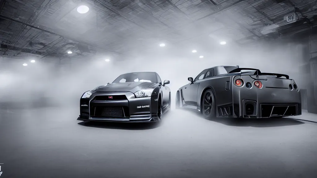 Image similar to a black nissan skyline gt - r v - spec ii, cinematic, nikon d 7 5 0, long exposure, white balance, 8 k, led, lumen global illumination, fog, ray tracing reflections, fxaa, rtx, post - production