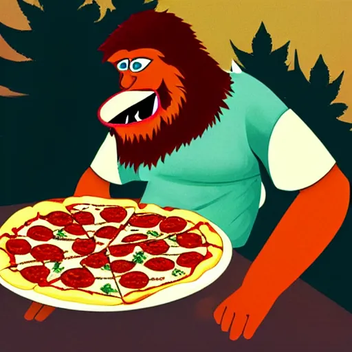 Image similar to bigfoot smoking weed while eating pizza
