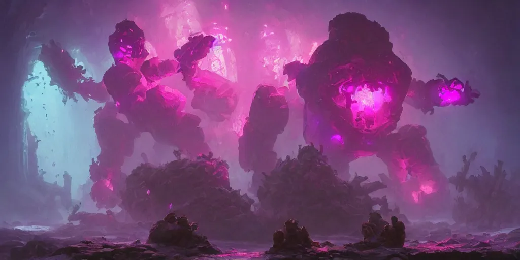 Image similar to giant golem made of crystal, bright pink purple lights, underwater, d & d, art by greg rutkowski