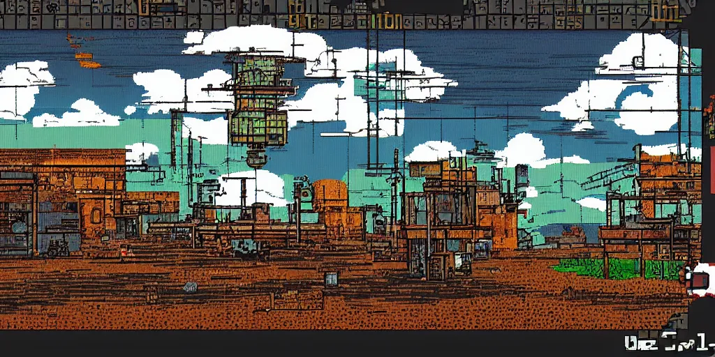 Prompt: 2D post-industrial landscape with distorted clouds, 8 bits graphics, flat, SNES game, crushed quality, low contrast, low light, color gradient, low saturation, heavy color compression filter,