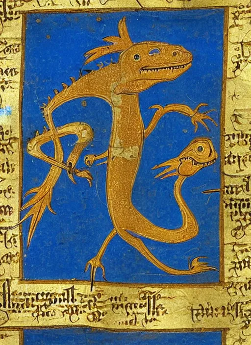 Image similar to a gilded page from an illuminated manuscript, depicting a dinosaur intertwined with the letter S, other dinosaurs along the bottom of the page, hand drawn, Master of Imola c. 1275, highly detailed