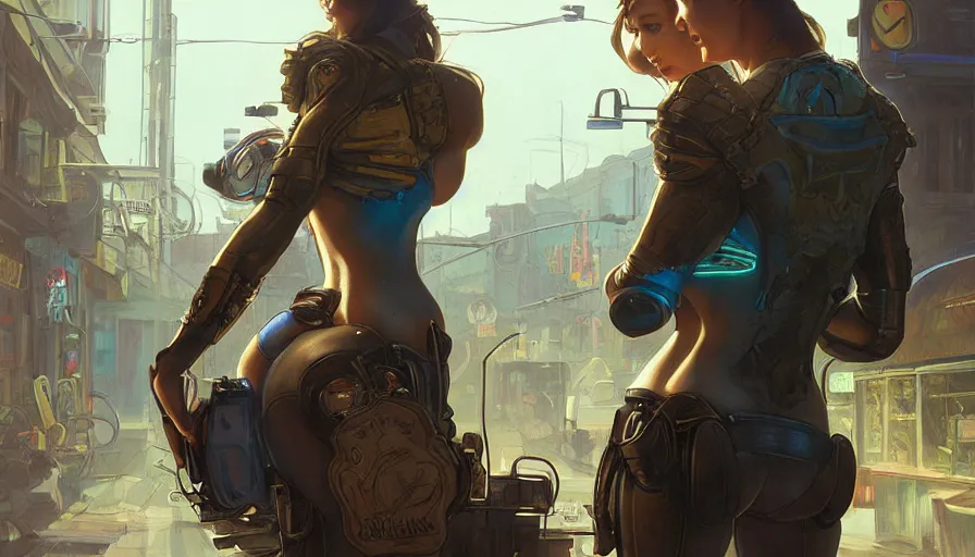 Image similar to sheriff and a girl, street deal, cheap contiousness, pinup, neon, alterd carbon, mech suit, fibonacci, sweat drops, insane, intricate, highly detailed, digital painting, artstation, concept art, smooth, sharp focus, illustration, Unreal Engine 5, 8K, art by artgerm and greg rutkowski and alphonse mucha