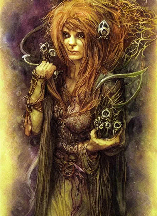 Image similar to portrait of lithe female sorceress of the fey, beautiful! coherent! dungeons and dragons character, by brian froud, strong line, night color, high contrast