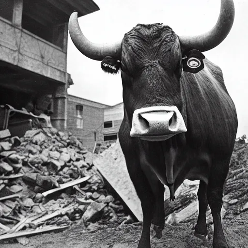 Image similar to ww 2 photograph of a buff cow staring at the camera, building rubble