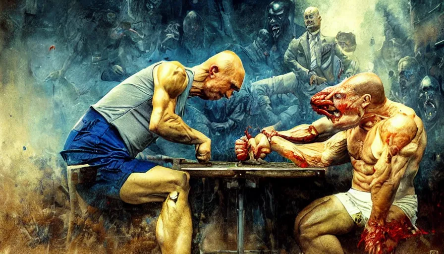 Image similar to arm wrestling between putin and his mind, hyperrealistic, digital concept art, caricature illustration, comics, bloody, violent. horror. art by gaston bussiere and greg rutkowski in yelow and blue color