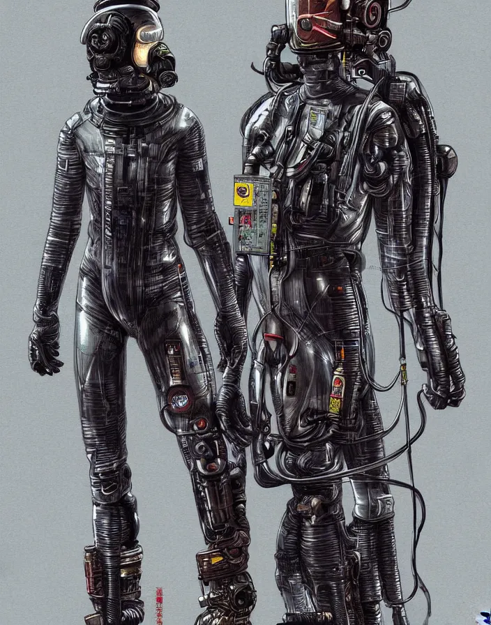 Image similar to realistic cyberpunk japanese engineer with long limbs and a black spacesuit carrying welder, techwear, dead space, visible face, Industrial Scifi, detailed illustration, character portrait, by Martin Grip and Moebius