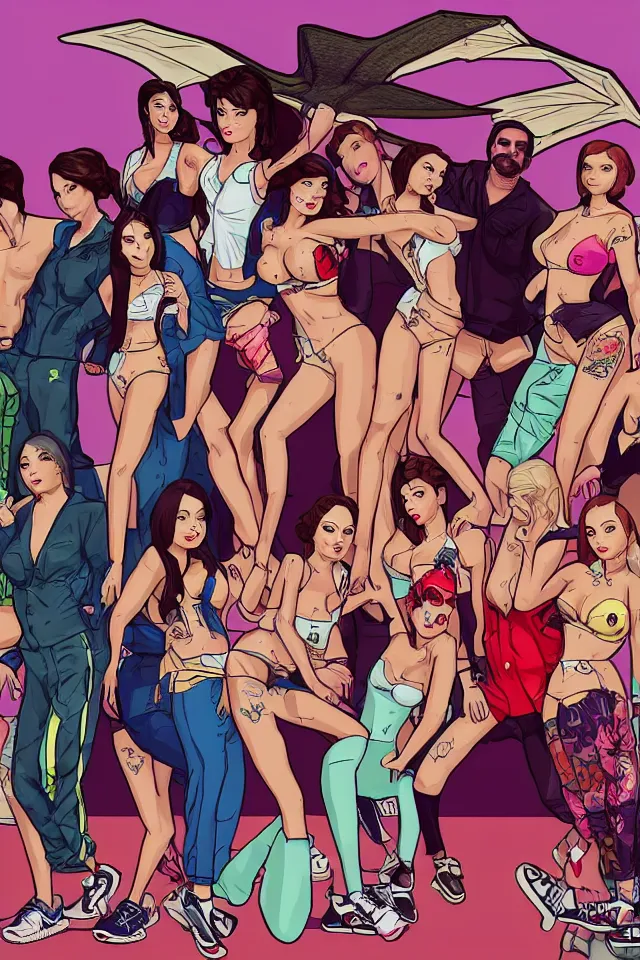 Image similar to A GTA 5 game loading screen featuring A Pterodactyl, La Llorona, a redhead Waifu, CHAPPIE in an Adidas track suit, a TVR Sagaris, and Playboy Bunnies from 1960