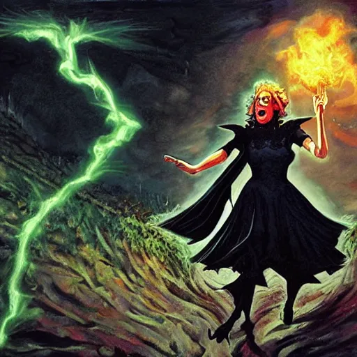 Prompt: epic fantasy painting of the wicked witch of the west summoning magical energy in order to shoot a huge fireball ; action pose, intense screaming expression, oz series, played by margaret hamilton, thatched worn rooftop background, art by adam hughes, in the style of adam hughes