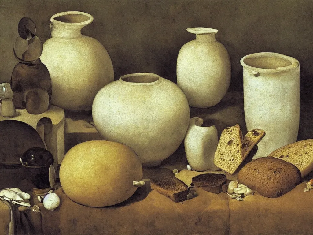 Prompt: Still life with moldy bread, fungus, white vase, ceramic pot. Painting by Zurbaran, Yves Tanguy, Morandi