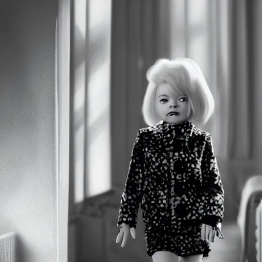 Image similar to toddler emma stone with black - and - white hair, like cruella haircut, in a room, cinematic, movie scene, vivid colors, detailed, 8 k