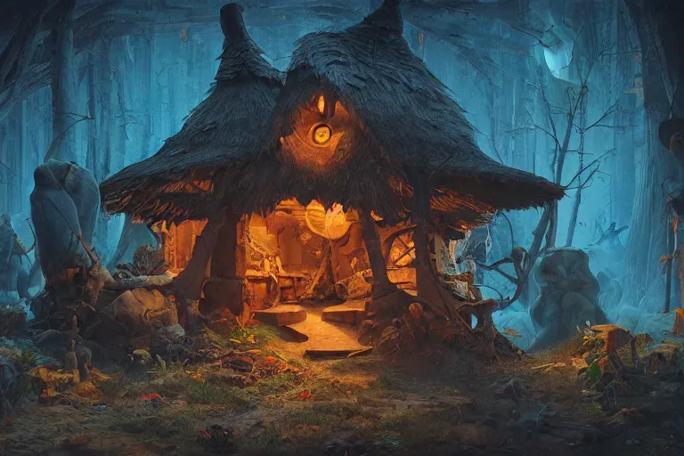 Prompt: witch hut, ambient lighting, intricate, hyper detailed, smooth, dynamic volumetric lighting, octane, cinematic, high quality, high resolution, 4 k, cubist painting by picasso