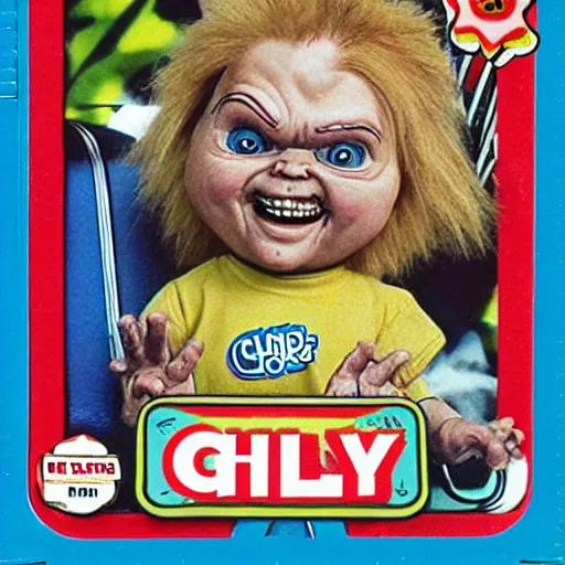 Prompt: chucky good guys doll, garbage pail kids card