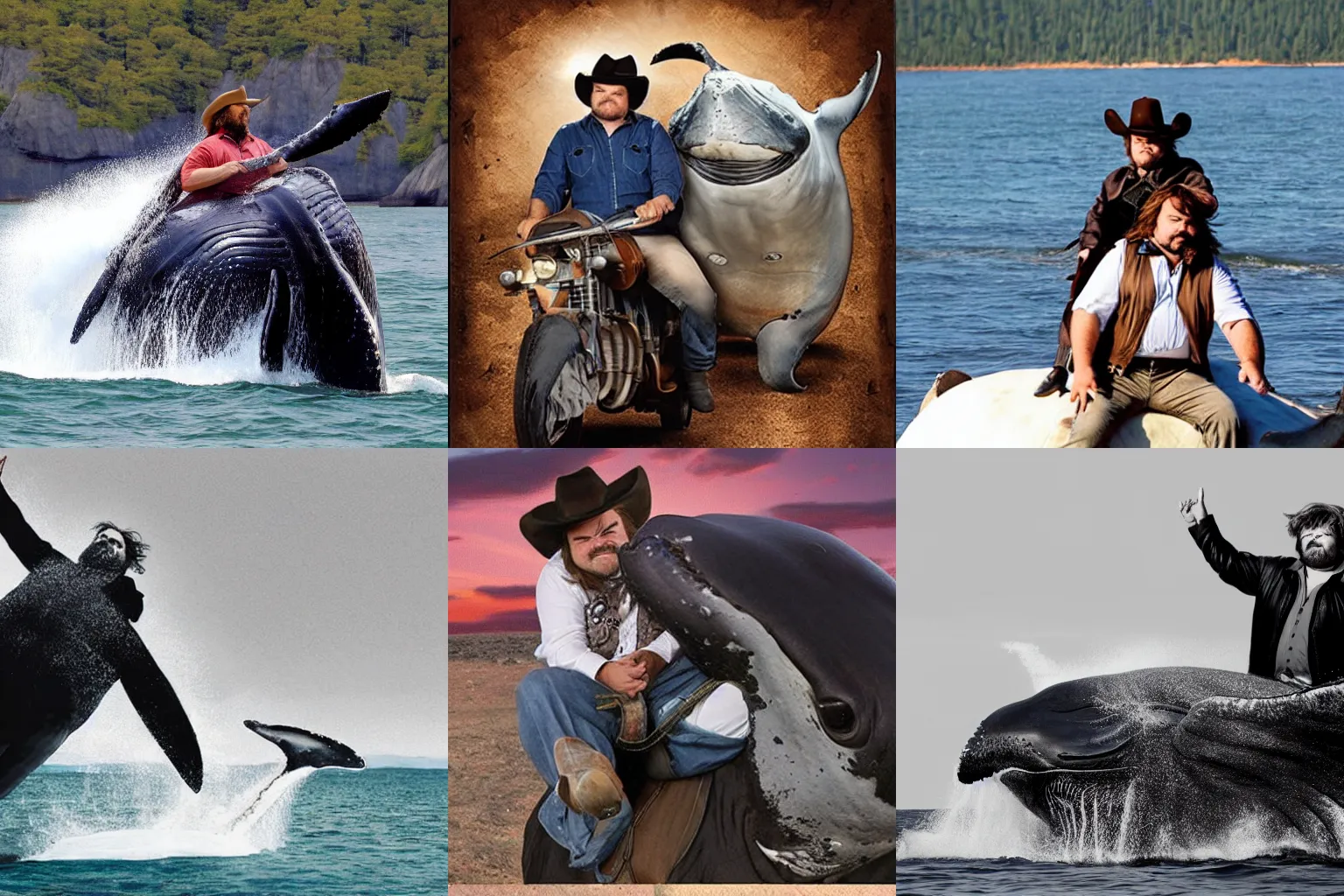 Prompt: photograph of Jack Black as a cowboy riding a whale