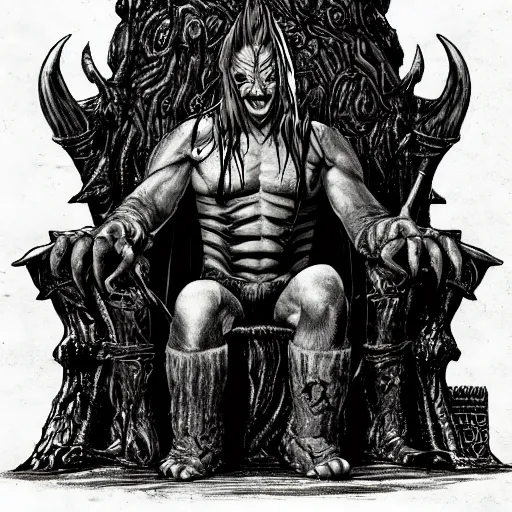 Image similar to goblin king, sitting on a throne, surrounded by his minion, dark fantasy, in the style of ted nasmith