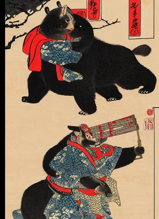 Image similar to a full body ukiyo-e portrait of a fully armored samurai Asian black bear, playing with a young Japanese girl in a kimono, a cat at the bottom, intricate, elegant, highly detailed, digital painting, artstation, concept art, smooth, sharp focus, illustration, art by Andō Hiroshige