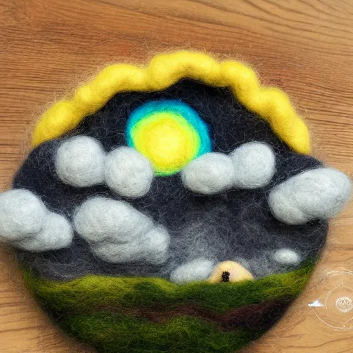 Prompt: a needle felting of on oncoming thunderstorm