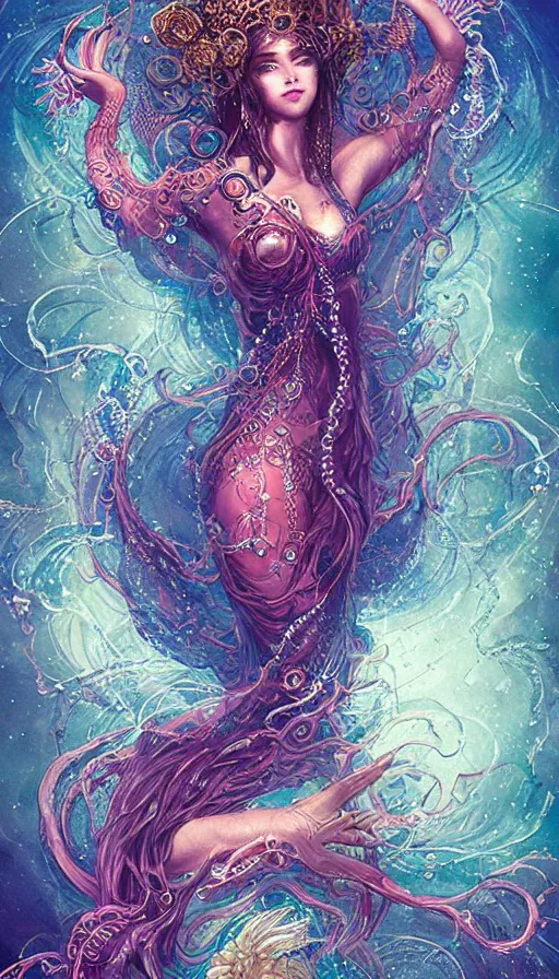 Prompt: tarot card, intricate ocean godness by ross tran, corals, pearls, jellyfish, vivid colors, by Lady Frieda Harris trending on ArtStation, cgsociety