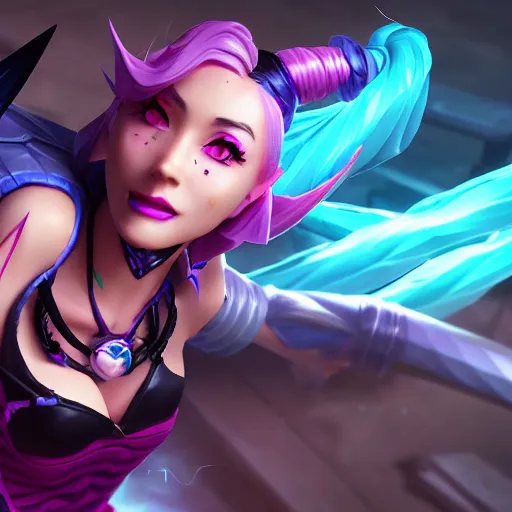 Prompt: League of Legends Jinx, lol Jinx render as a very beautiful 3d anime girl, hot petite, long braided blue hair, twisted braid, azure blue eyes, full round face, short smile, cinematic lightning, medium shot, mid-shot, highly detailed, trending on Artstation, Unreal Engine 4k, cinematic wallpaper