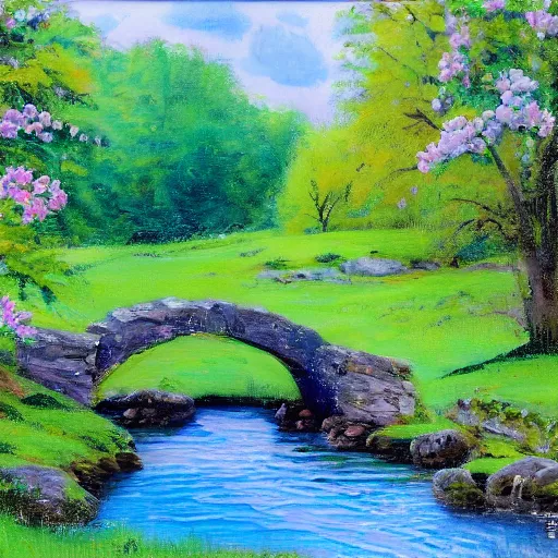 Image similar to Stone bridge over brook, pastoral scene. Spring, flowers. Oil on canvas, award winning