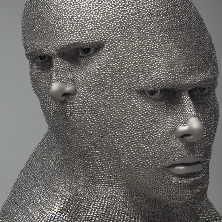 Prompt: studio photograph of hyperrealistic accurate portrait sculpture of tom cruise, beautiful symmetrical!! face accurate face detailed face realistic proportions, made of chain mail and plate armor on a pedestal by ron mueck and frank frazzetta, hyperrealism cinematic lighting shocking detail 8 k